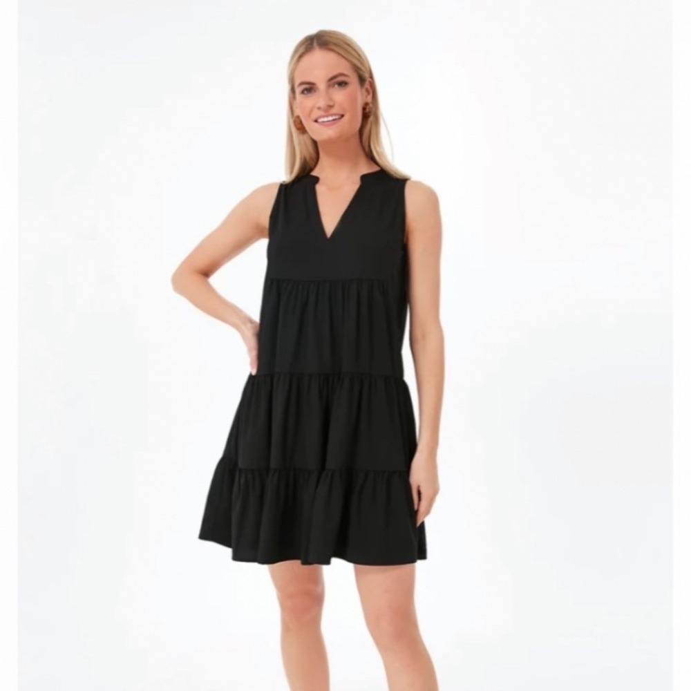 Pomander Place Black Sleeveless Crepe Kenzo Tiered V-Neck Mini Shift Dress XS